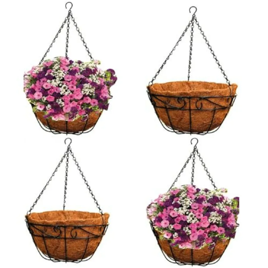 

Indoor Outdoor Metal Hanging Planter Basket with Coco Coir Liner, Round Wire Design, Black Finish, Rust-Resistant for Porch Gar