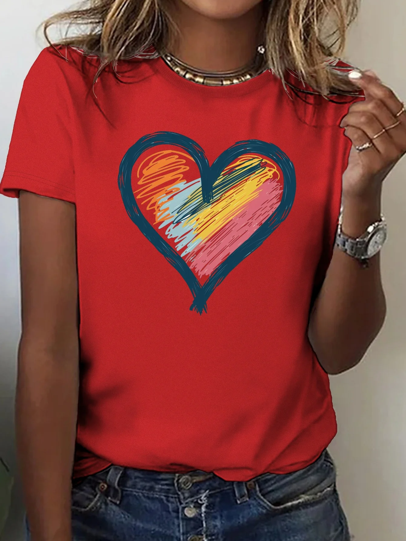 Ladies' Soft T-shirt with Bright Hand Painted Heart Shaped Design Comfortable Casual Fit Round Neck Summer Short Basic Top