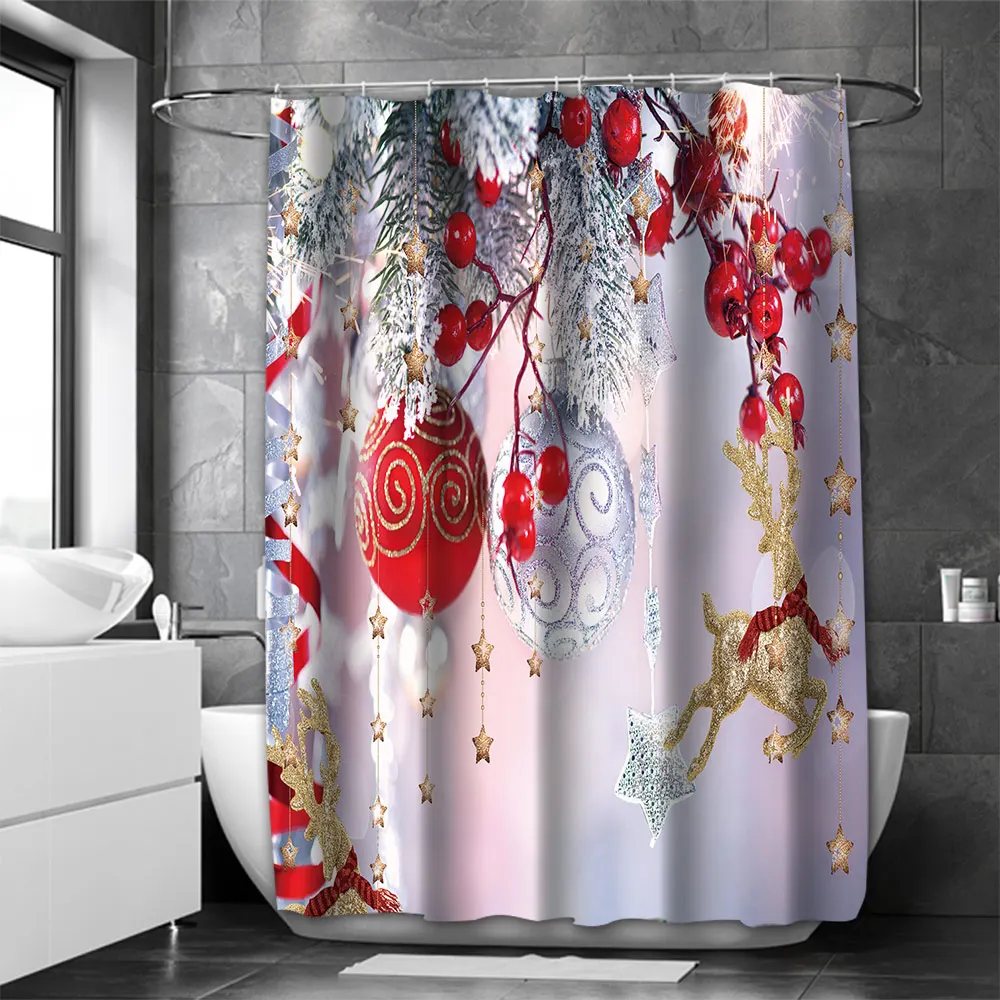 Christmas Bathing Curtain  Bathroom Shower Curtain Waterproof With 12 Hooks Home Deco 100% Polyester Washable