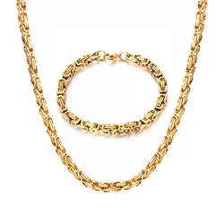 Punk Byzantine Chain Necklace Bracelet Set Gold Silver Color Stainless Steel Chains for Women Men Vintage Fashion Jewelry Sets