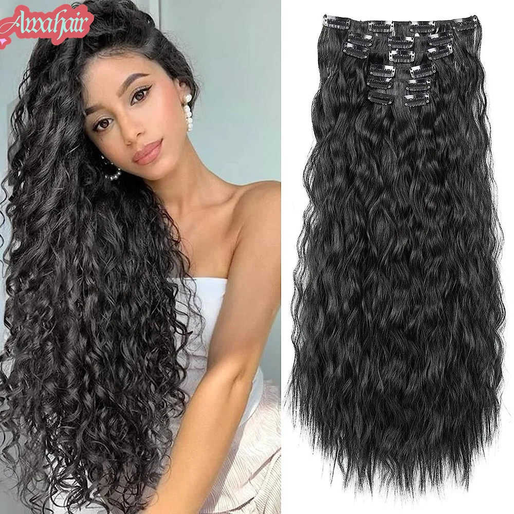 

Awahair Clip In Hair Extension Long Wavy Synthetic Wigs For Women 6Pcs/Set 20Inch Corn Curly Fake Hairpiece Heat Resistant Fiber