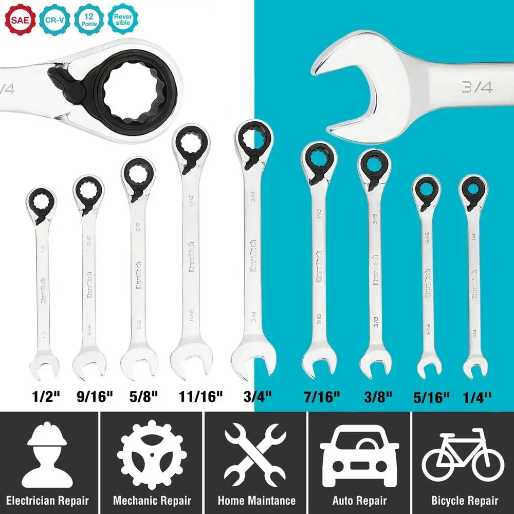 9-Piece Reversible Ratcheting Wrench Set SAE 1/4''-3/4" CR-V Steel Kit