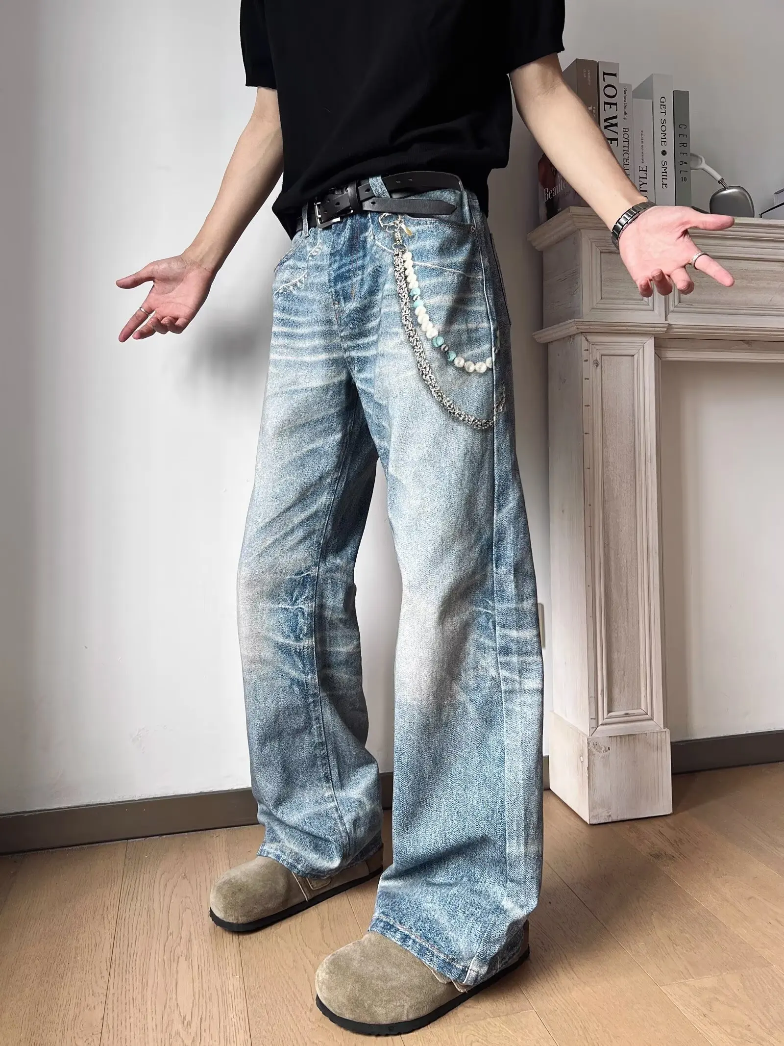 

2025Women's Men's 3D Chain Printed Baggy Jeans Autumn Casual Baggy Straight Denim Pants Women High Street Blue Wide-leg Y2K Jean