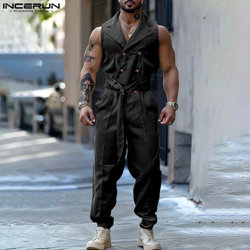 INCERUN Men Jumpsuits Solid Color Double Breasted Lapel Sleeveless Lace Up Male Rompers Streetwear Fashion Casual Overalls S-5XL