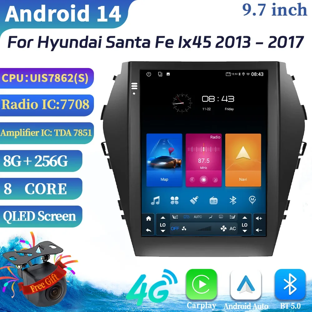 9.7″For Hyundai Santa Fe Ix45 2012-2018 Car Radio Multimedia Video Android 14 carplay Android auto Navigation CarPlay Monitor