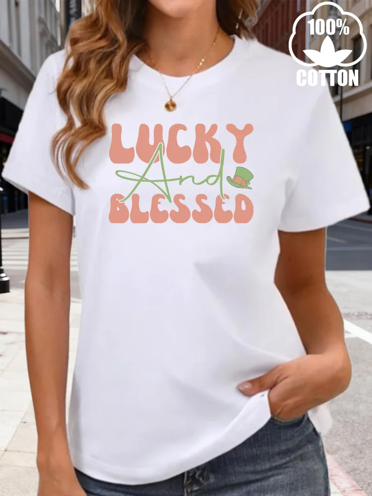 

Lucky and Blessed Women's Graphic T-Shirt 180g Cotton Crew Neck Short Sleeve Tee Casual Summer Daily Wear