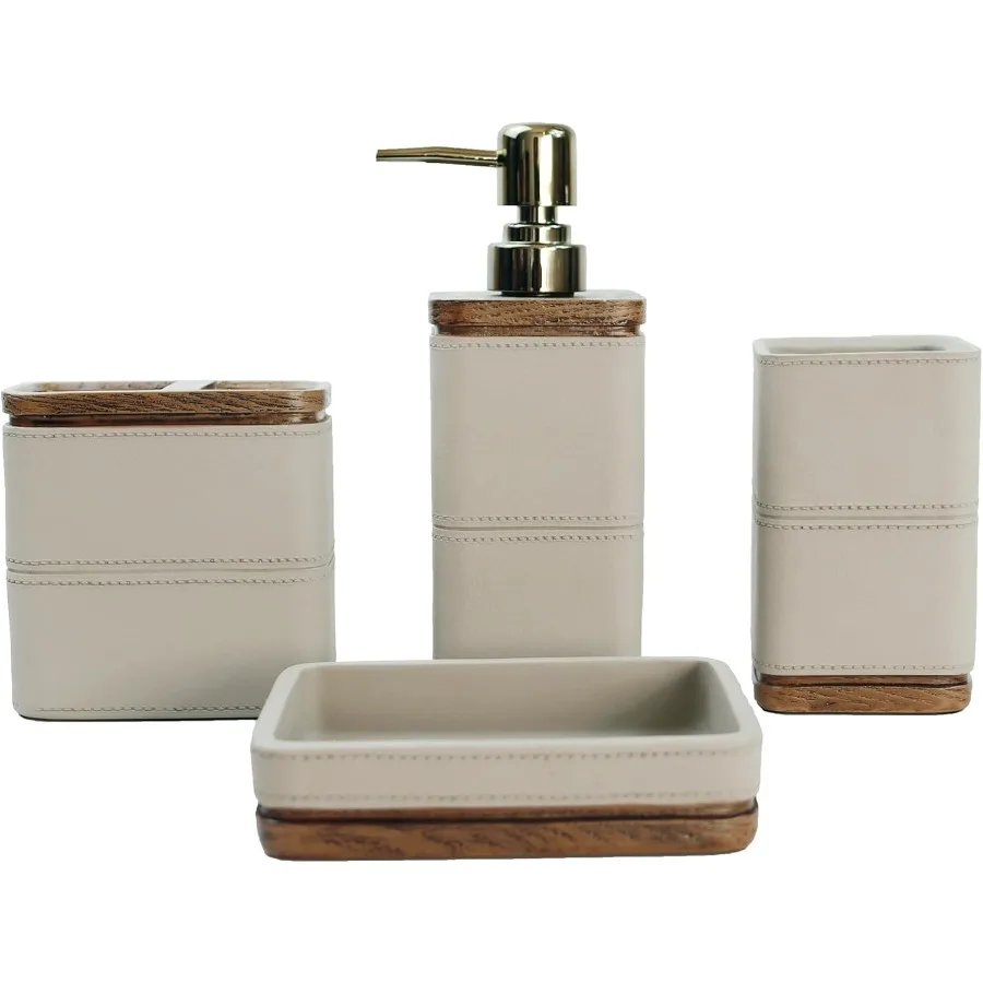 

Farmhouse Bathroom Accessories Set with Leather Pattern Design 4-Piece Resin Decor in Brown Includes Cotton Swab Jar Soap Dispe