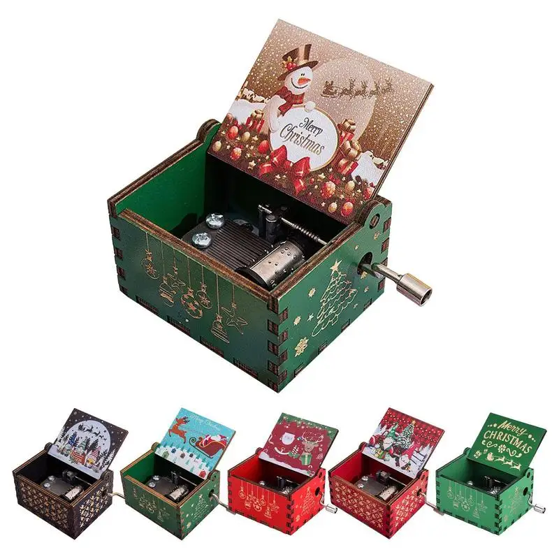 Wooden Music Box Creative Light Luxury Gift Painted Printing Engraving Manual Movement Wooden Hand-cranked Christmas Gift