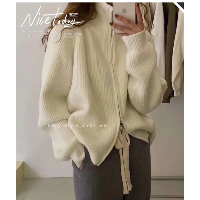 Purple Knitted Cardigan Coat Spring and Autumn 2024 New Thickened Lapel Sweater For Women Double Zipper Pink Blue Sweater Female