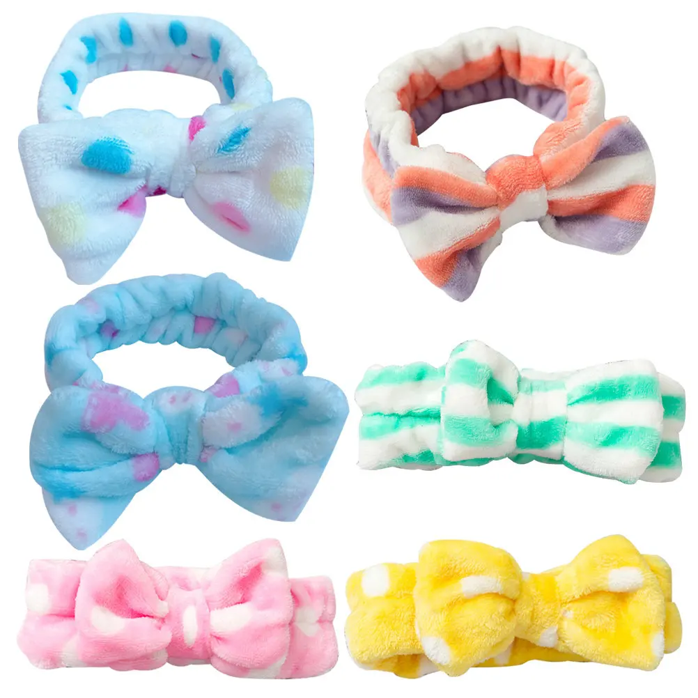 

Набор из 6 эластичных спа-повязок на голову из кораллового флиса с бантом, мягкие и удобные повязки для умывания, макияжа, занятий йогой и бега