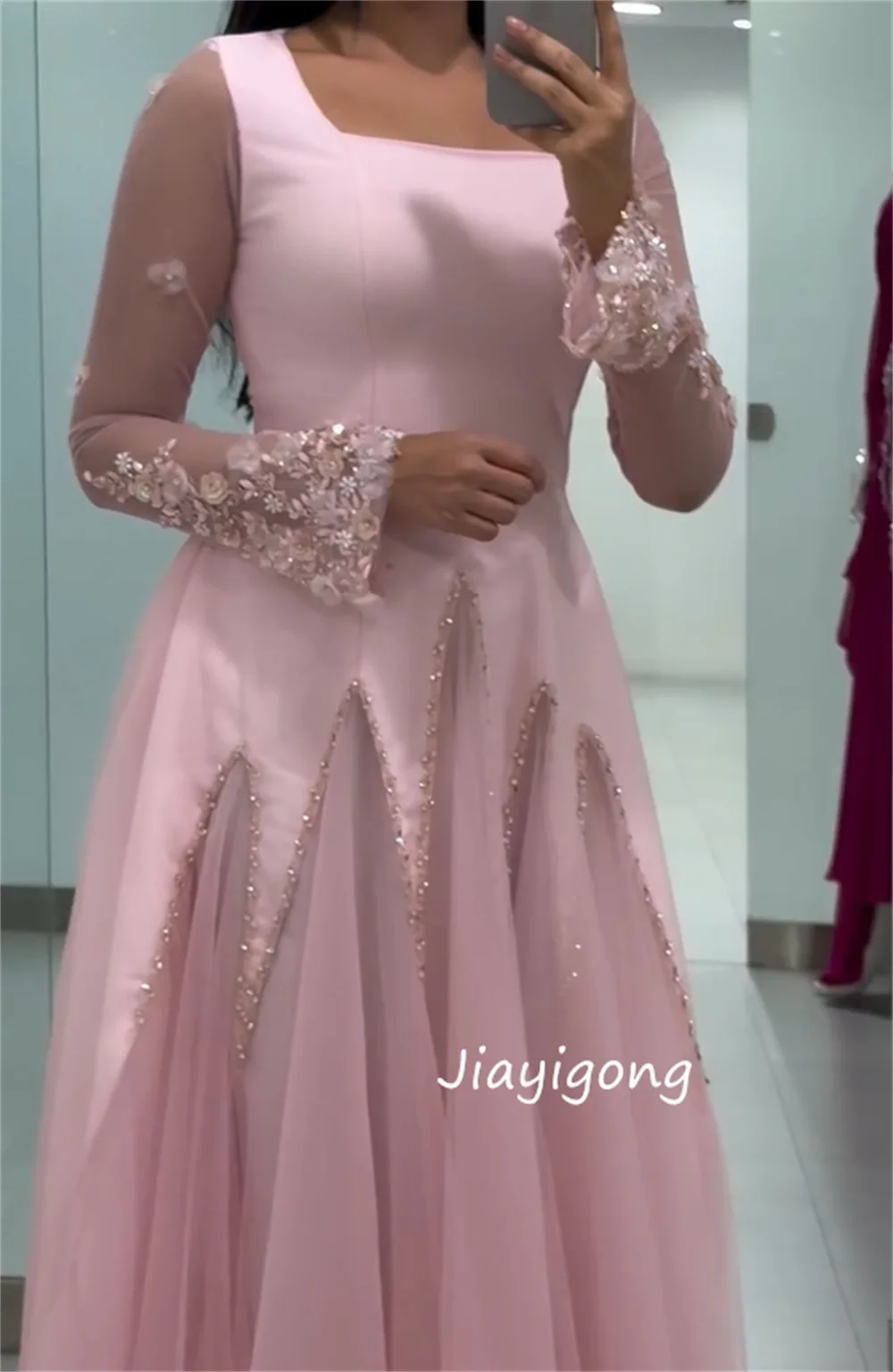 Customized Sparkle Jersey Sequined Pleat Flower A-line Square Neck Long Dresses Bespoke Occasion Evening Sizes Available