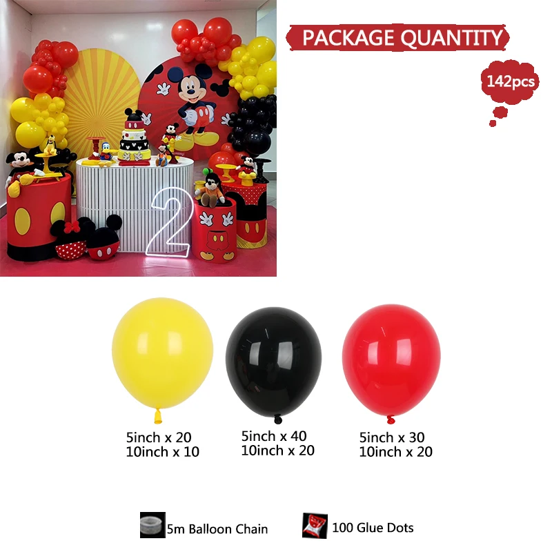 142pcs Disney Minnie Themed Party Balloon Arch Kit Red Yellow Black Latex Balloons for Kid Birthday Party Baby Shower Decoration