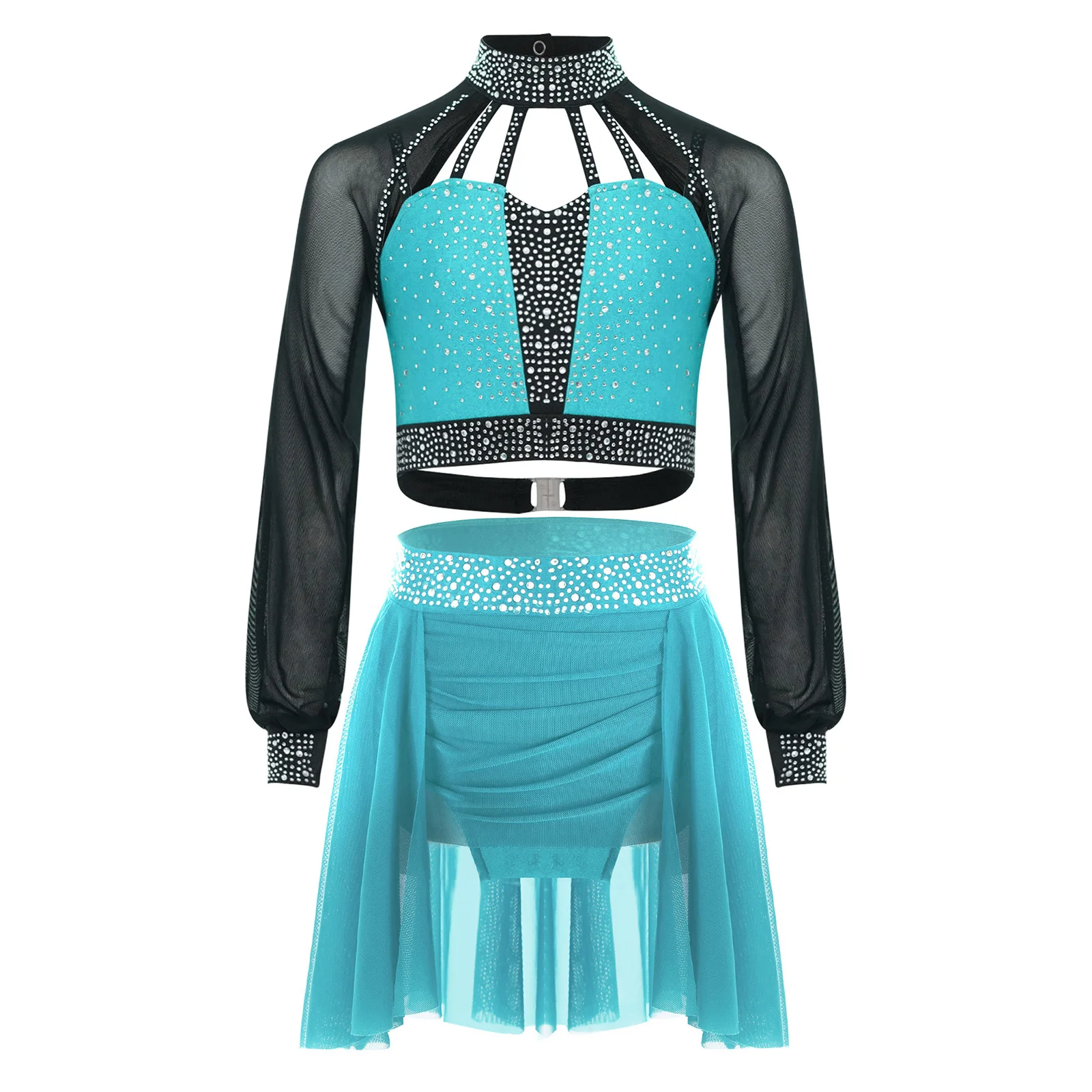 

Kids Girls Gymnastics Figure Skating Dance Outfit Long Sleeves Strappy Shiny Rhinestones Color Block Crop Top with Ruched Skirt