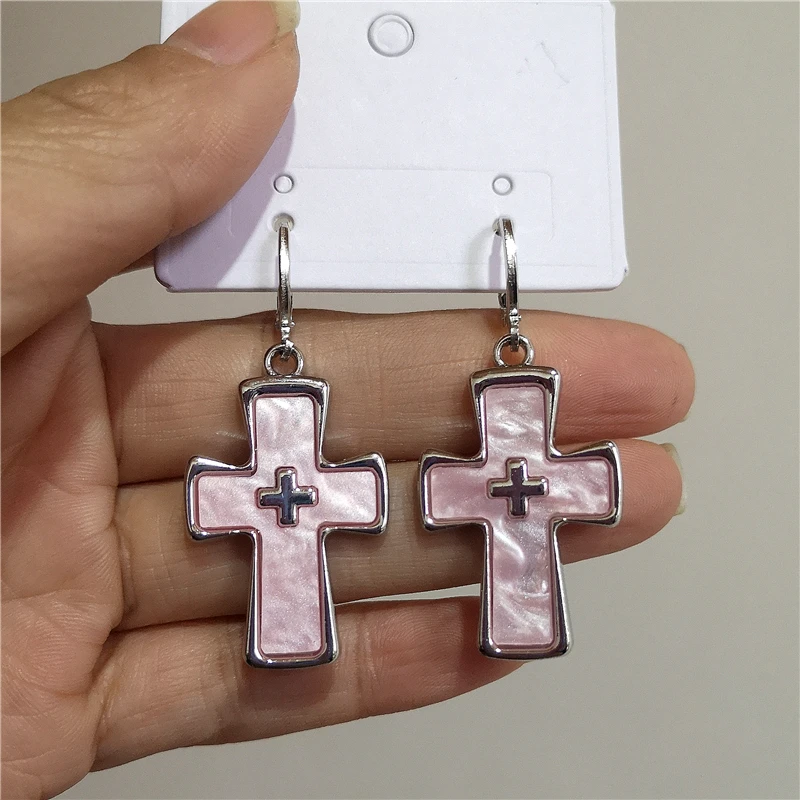 New Gothic Cute Harajuku Y2K Pink Large Cross Pendants Earrings For Women Charm 2000s EMO Aesthetic Party Accessories Jewelry