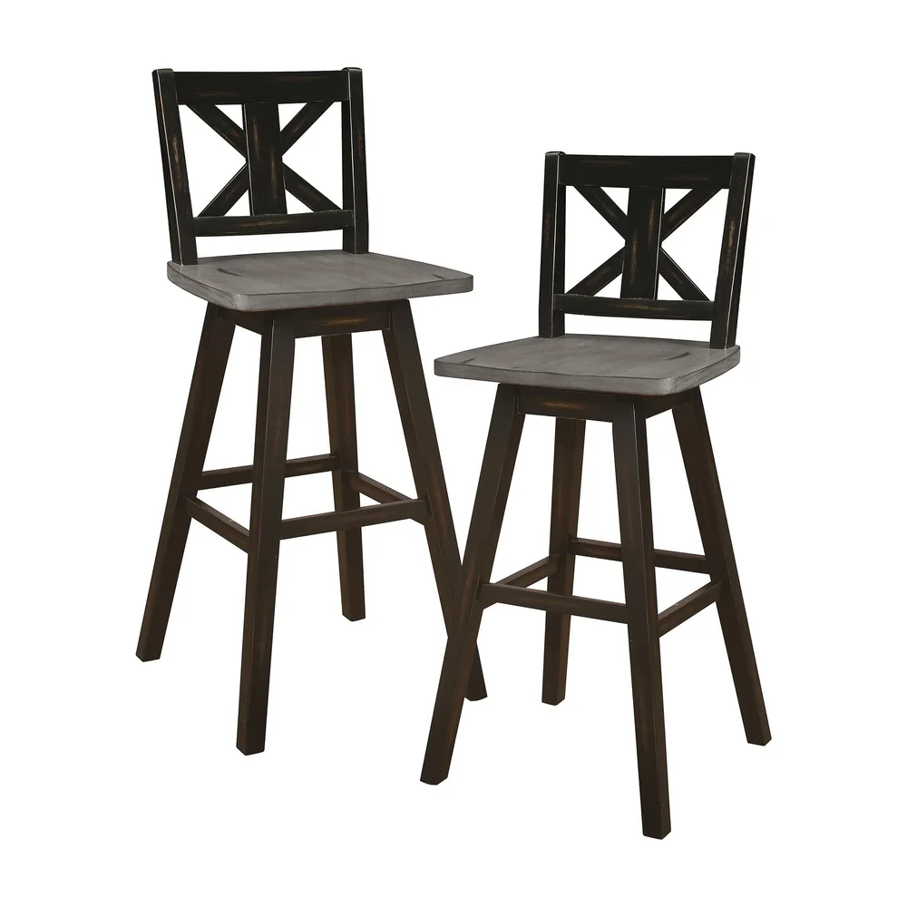 Rustic Swivel Barstool Set of 2 Solid Rubberwood Dining Stool 24 Inch Height Footrest Comfortable Pub Seating