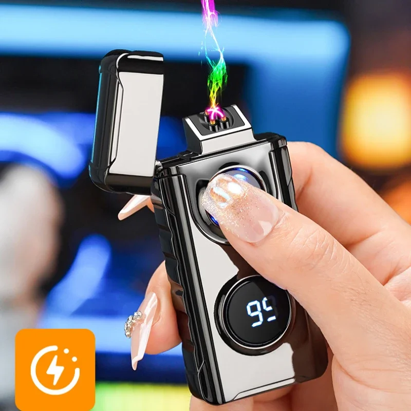 New Outdoor Lighting Dual Arc Digital Display Lighter Metal Windproof Type-C Fast Charging Rechargeable Cigarette Lighter