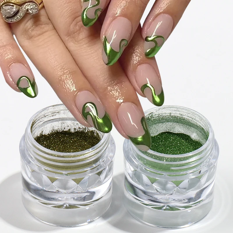 

2 коробки металлической зеленой хромированной пудры для маникюра, эффект «волшебного зеркала», блестки Y2K, пигментные хлопья, декоративная пыльца