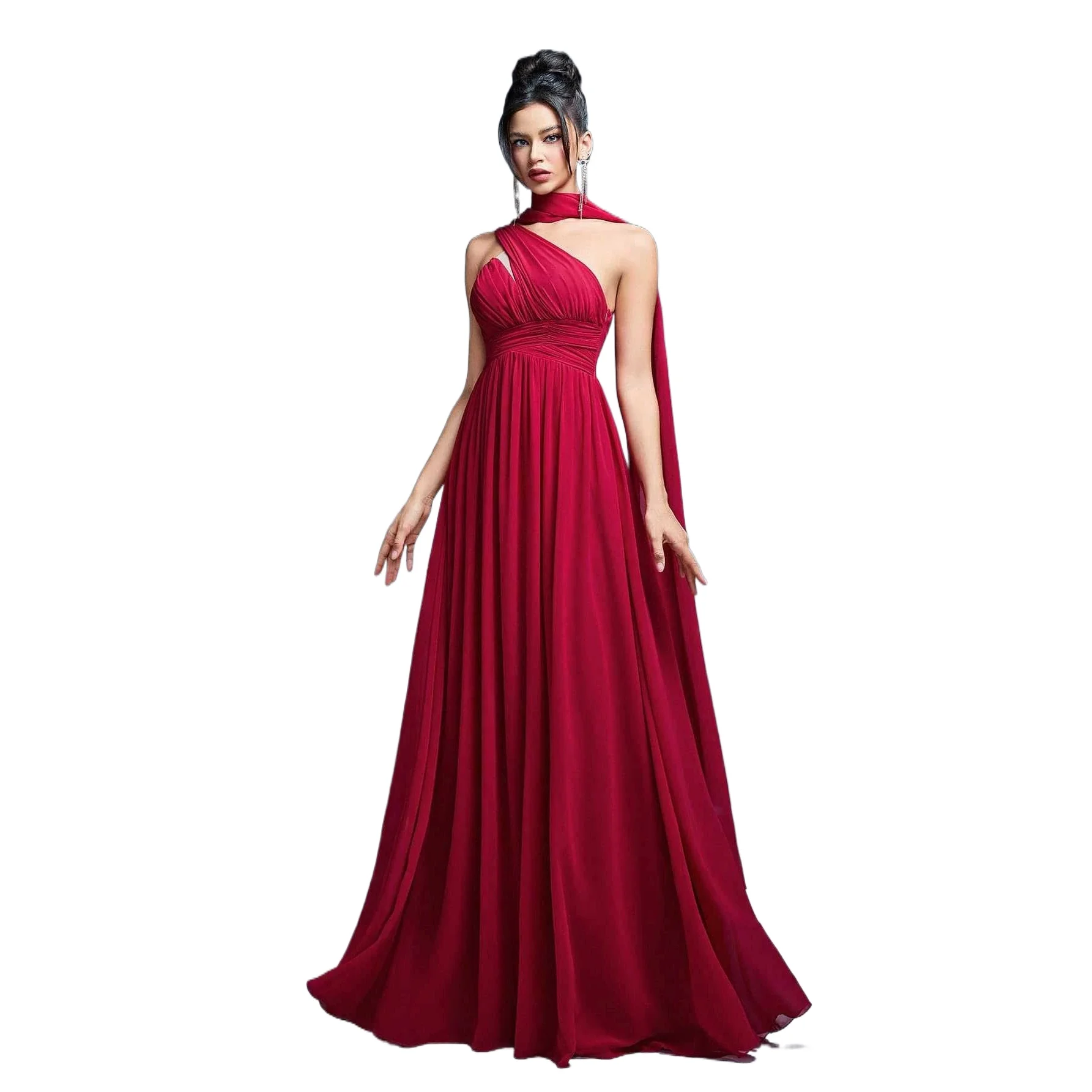 

Elegant Simple Ruched One Shoulder Chiffon Long Formal Evening Dress Rose Red