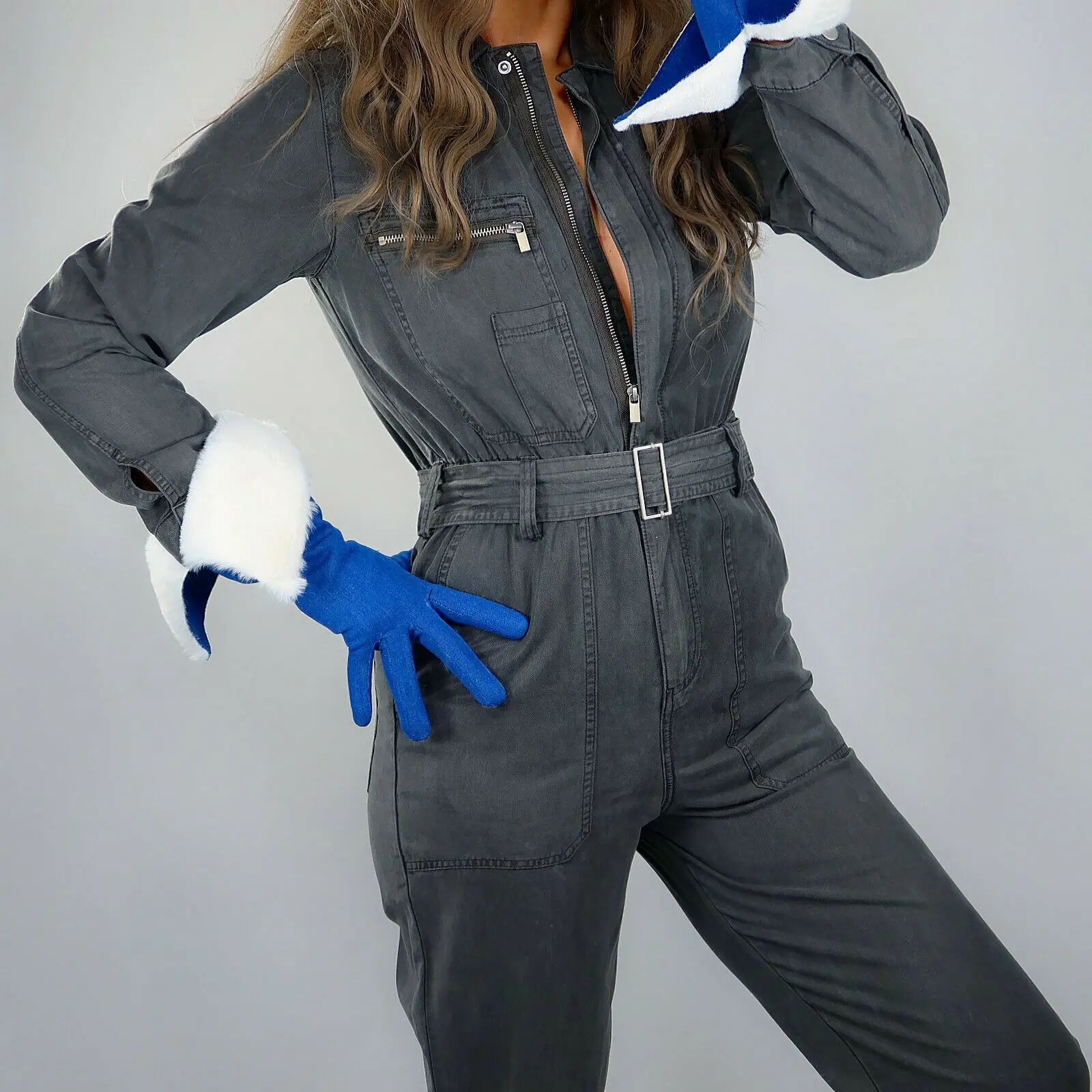 Denim ถุงมือขนสัตว์สีฟ้า Unisex ฤดูหนาว Warm Shearling ใหญ่พัฟแขนขนาดใหญ่เปิดแฟชั่นชุดราตรีเครื่องแต่งกายฮาโลวีนคอสเพลย์ถุงมือ