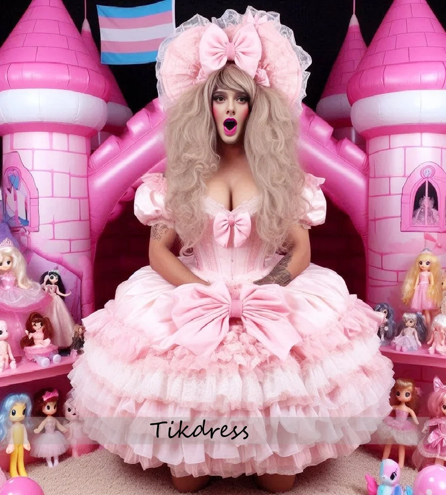 

Gorgoeus Pink Frilly Cosplay Dress For Evening Short Sleeve Tiered Lace Short Prom Dress Sexy Costume Cocktail Party Customized