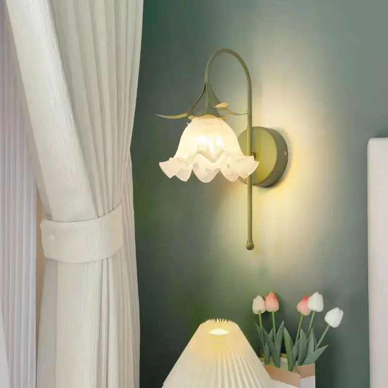 

French Cream Flower Bedroom Bedside Wall Lamp Warm Rural Decorative Lights for Living Room Backround Aisle Stairway Sconces