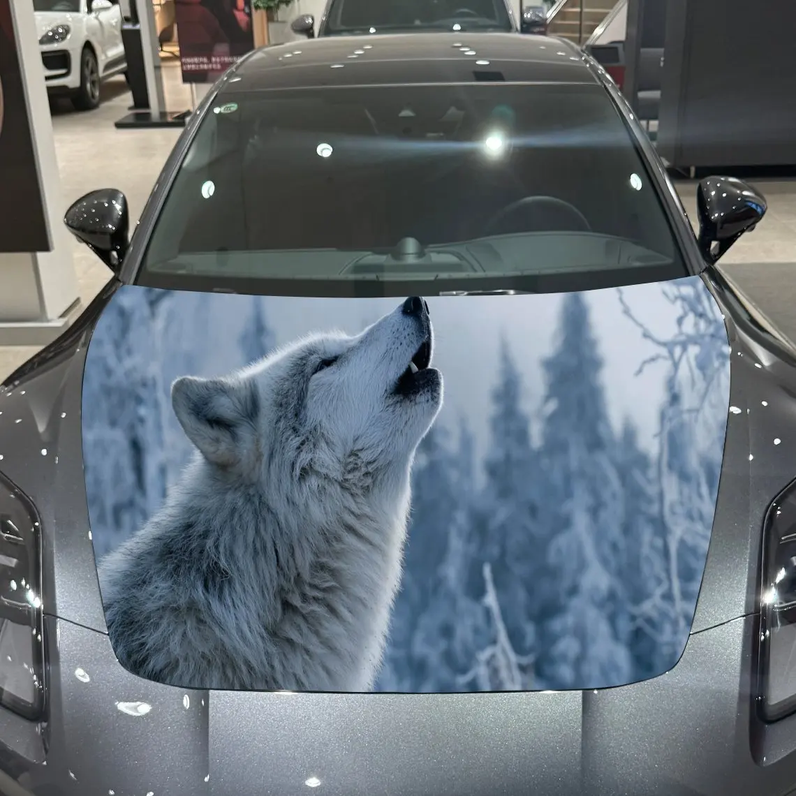 

Snowy Pine Trees Roar Wolves PVC Car Hood Wraps, Self-Adhesive Waterproof Car Bonnet Decal Sticker, Car Decoration Protection St