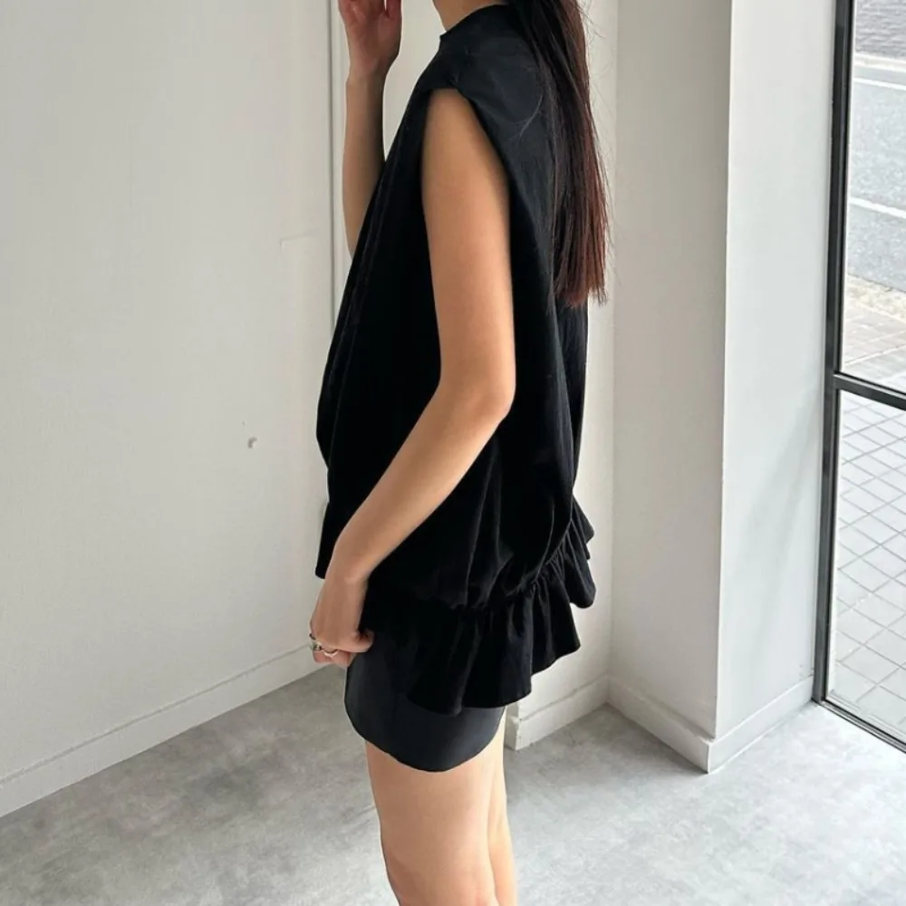 Kuzuwata Solid All-match O Neck Sleeveless Loose Crop Top Slim Fit Broad Shoulder Fungus Blusas Japan Moda New Drawstring Shirt