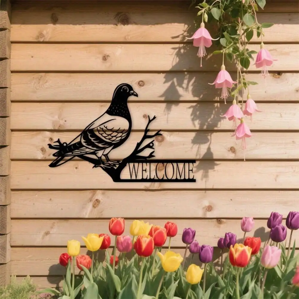 CIFBUY Bird Perched Iron Wall Art Metal Pigeon Welcome Sign Decor Front Door Entryway Porch Hanging Ornament