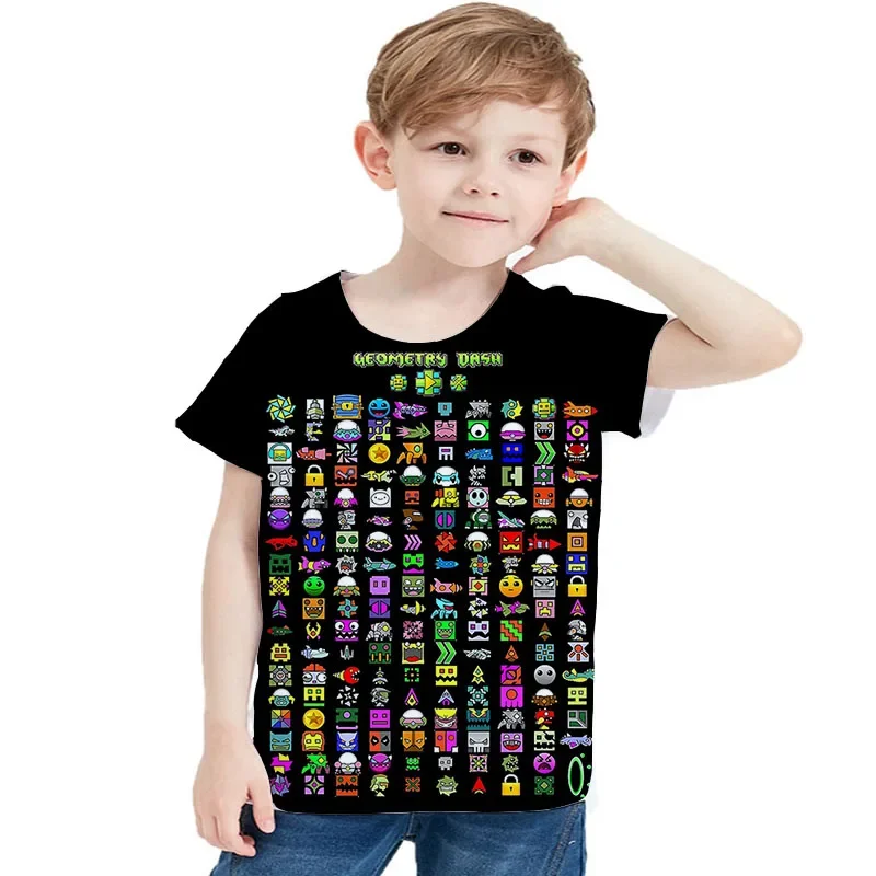 

Game Angry Geometry Dash T Shirt Kids Casual Tshirt Summer Short Sleeve Girls O-neck Tops Geometry Dash T-shirt Boys Anime Tees