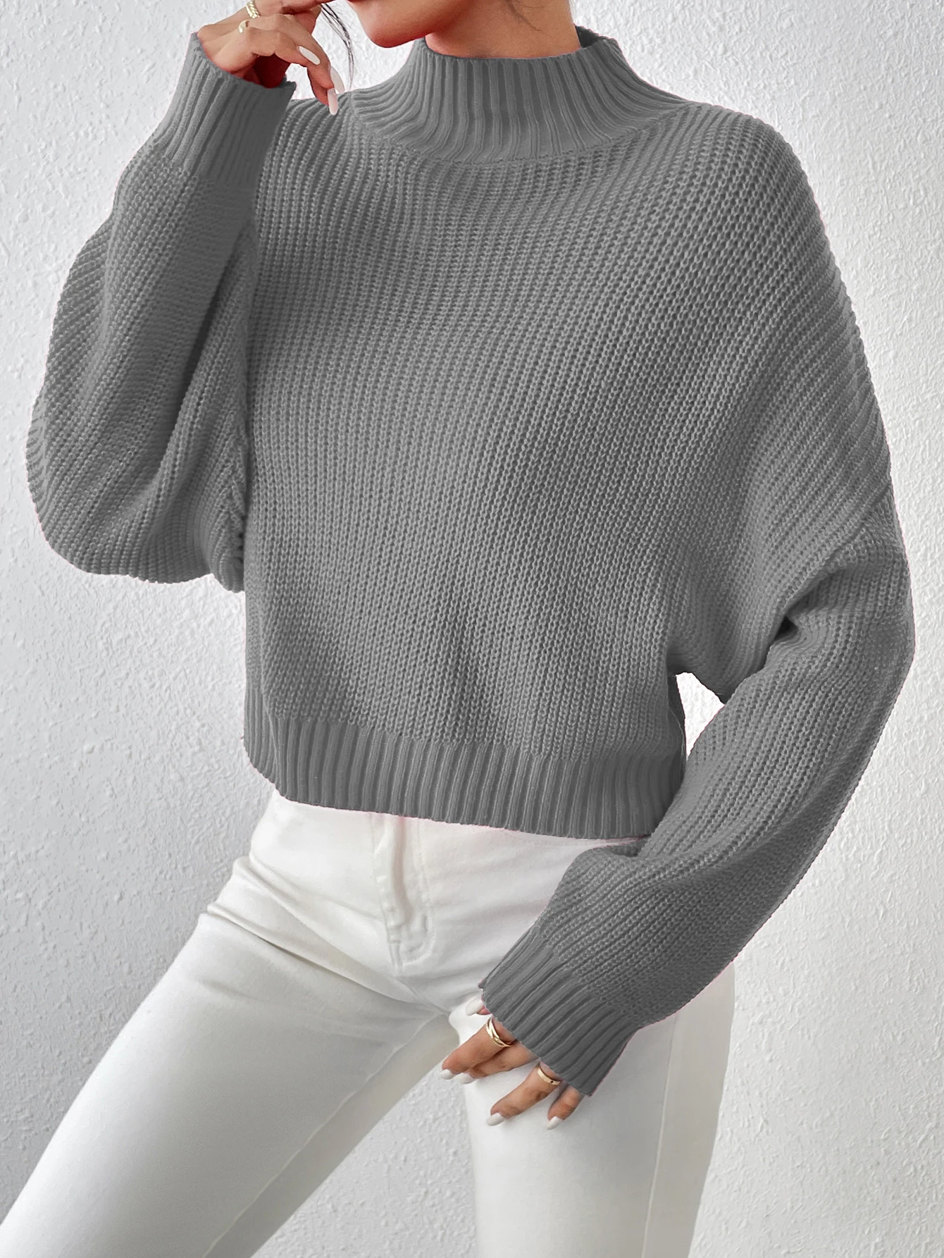 Women\'s Ribbed Knitted Sweater, Mock Neck Long Sleeve Pullover, Solid Color High Neck Drop Shoulder Jumper