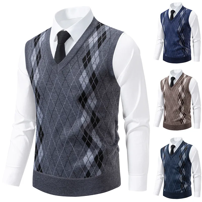 

Knitted Pullover Sweater Vest Men's Fleece Lined Warm Sleeveless Vest Jackets Business Spring Autumn Casual Button Up Coat