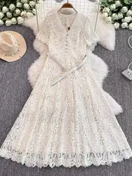 Runway Evening Party Prom Lace Dress Women Diamonds Button Elegant Short Sleeve Flower Embroidery Belt Long Robe Summer Sundress