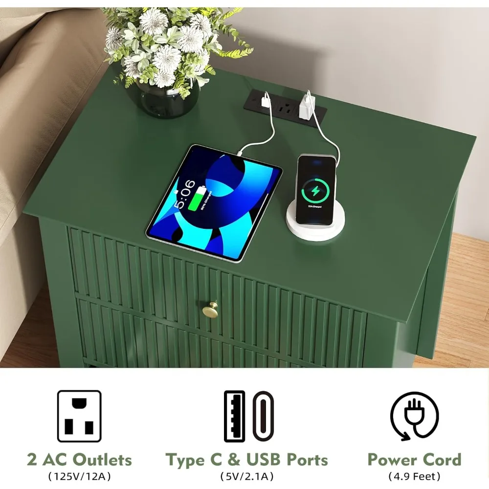 مجموعة كبيرة منضدة مخدد باللون الأخضر مكونة من قطعتين مع محطة شحن، طاولة بجانب السرير خشبية حديثة بعرض 24 بوصة مع 3 أدراج #5