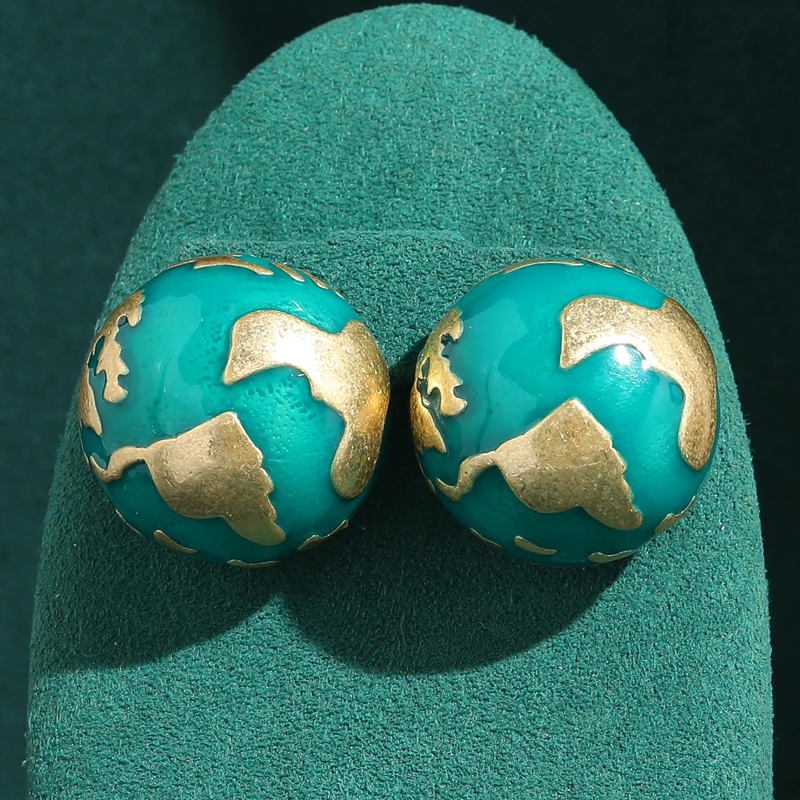 

Vintage Round Natural Stone Blue Stud Earring Gold Color Paint Design Earth Shape Retro Jewelry Women Music Party Art Deco Charm