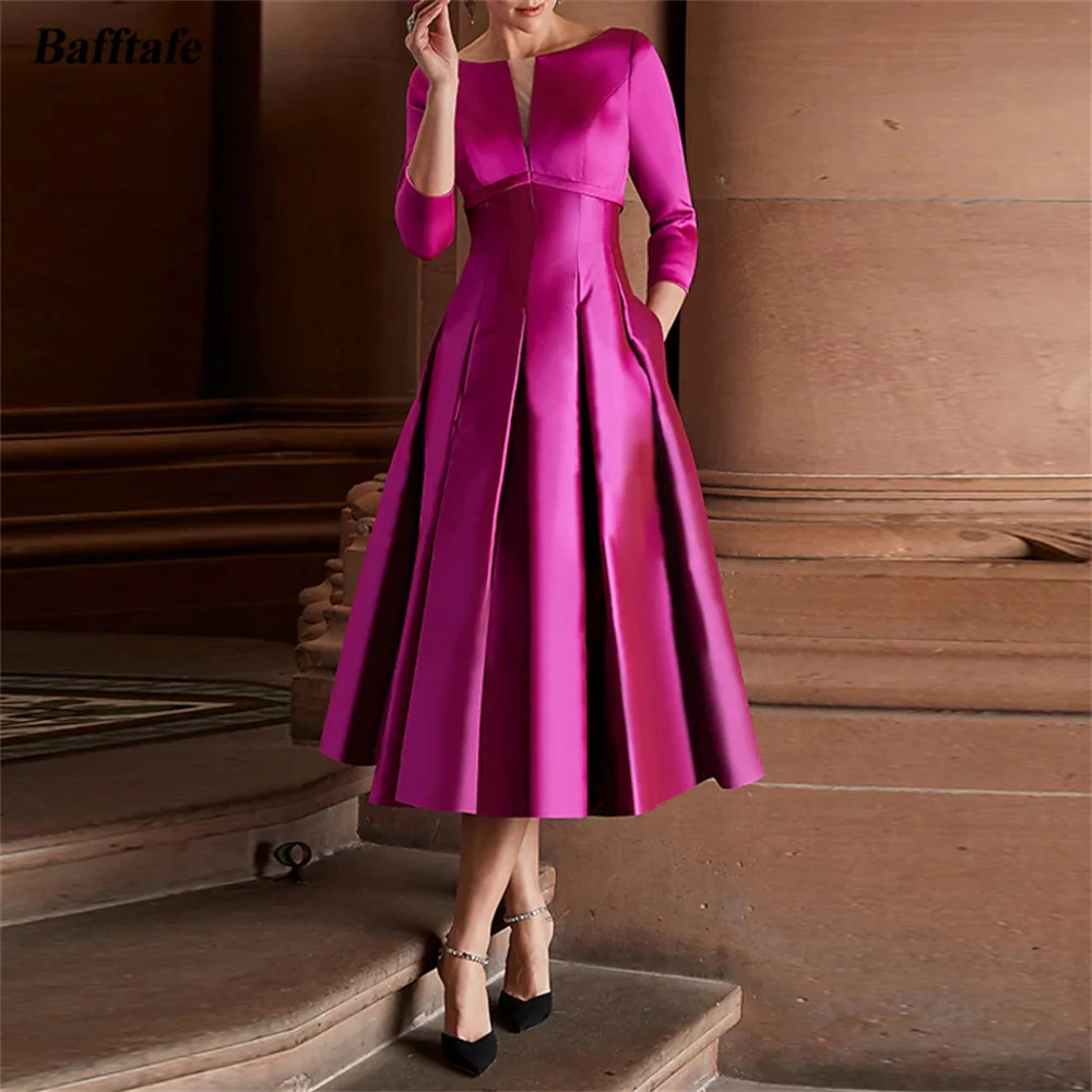 Bafftafe A Line Satin Midi Prom Dresses 3/4 Sleeves Women Outfits Pockets Formal Party Dress Pleated Evening Gowns Customized