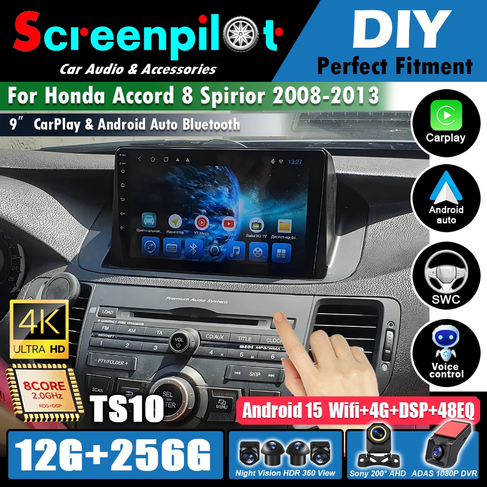 Autoradio multimédia Android 16Car pour Honda Accord 8 Spirior 2008 2009 2010 2011 2012 2013 LHD, unité radio, vidéo, GPS, navigation