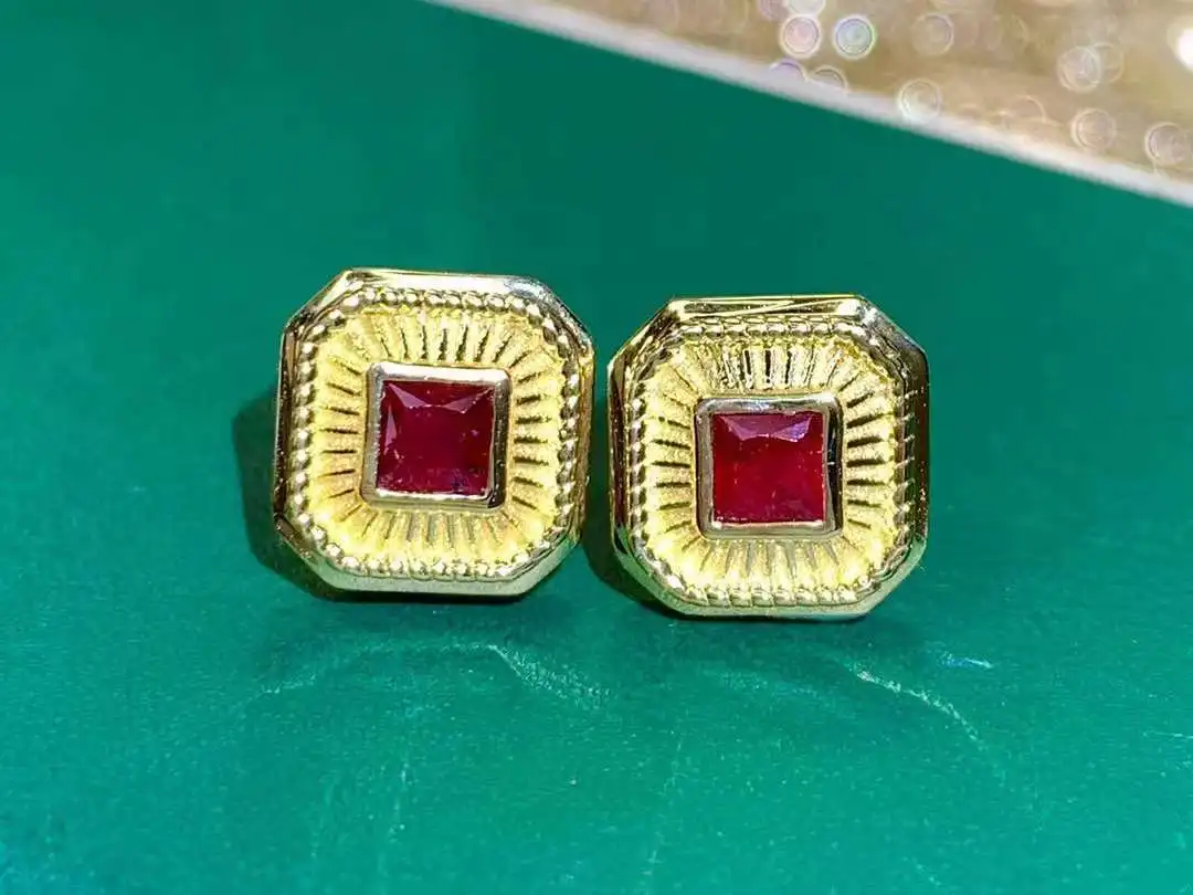 SGARIT Jewellery Vintage Gemstone Earrings 18K Yellow Gold 0.41CT Natural Pigeon Blood Red Ruby Stud Earrings For Women