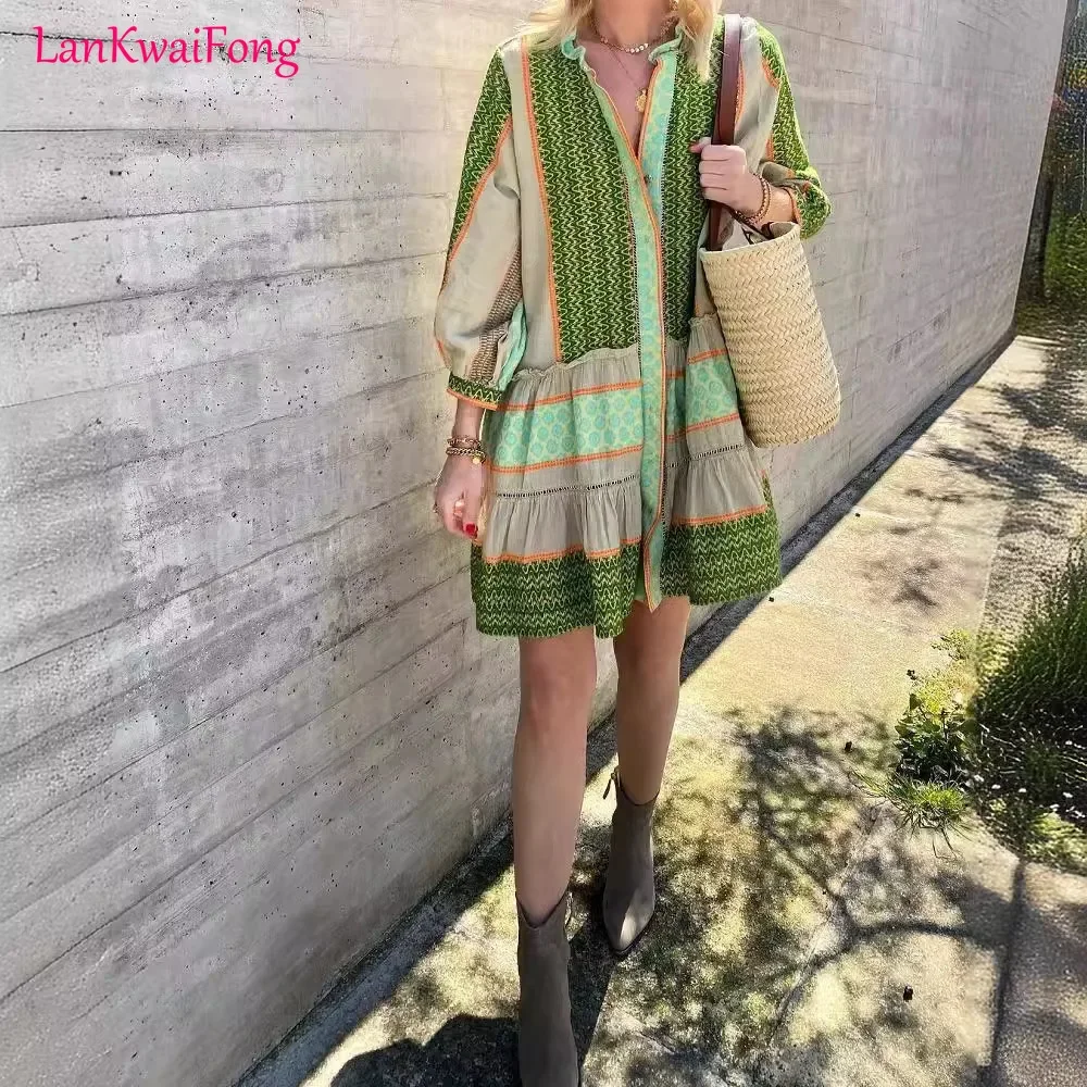 Spring Outdoor Leisure Women's Dress Cotton Hemp Green Printed Spliced Cardigan Single Breasted Loose Short Dress Women