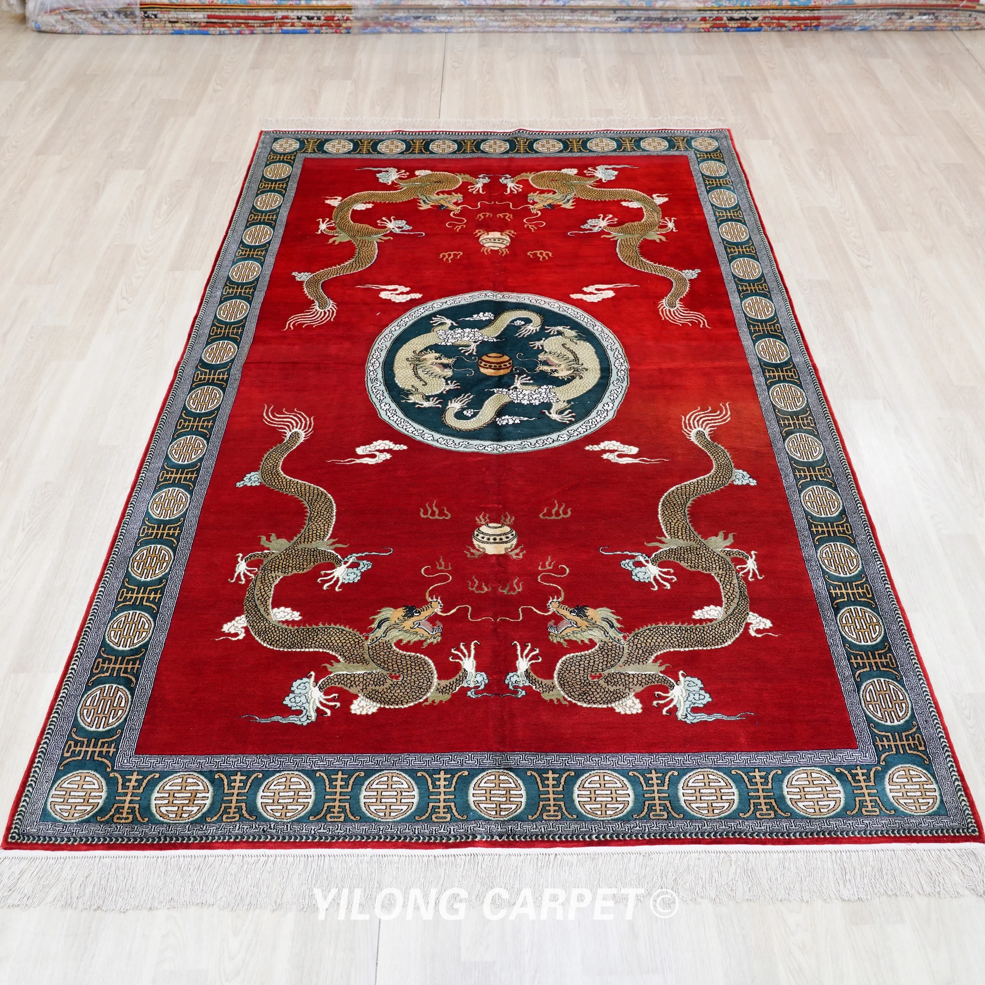 152x244cm Red Handmade Silk Area Rug Dragon Pattern Hand Knotted Villa Carpet (TJ481A)