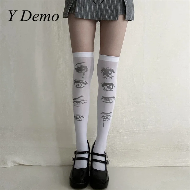 

Y Demo Harajuku Anemi Eyes Printed Women Socks Over-knee Y2k Thin Stocking