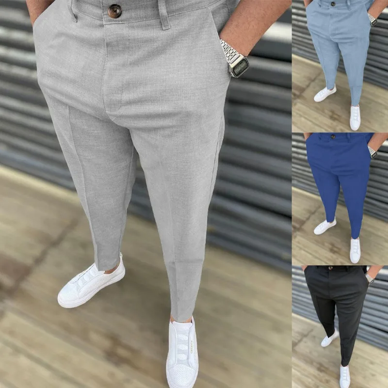 KIDWHXR Men Pencil Pants Vintage Simple Solid Pocket Breathable Male Suit Trousers Slim Mid Waist Business Casual Man Pants
