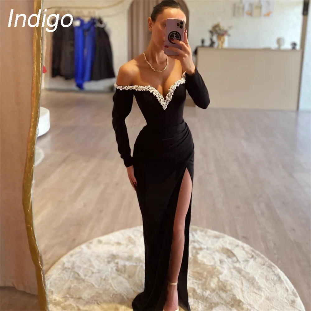 

Indigo Prom Dresses Strapless Off Shoulder High Side Slit Mermaid Pearls Formal Occasion Dress For Women 2024 Vestidos De Gala