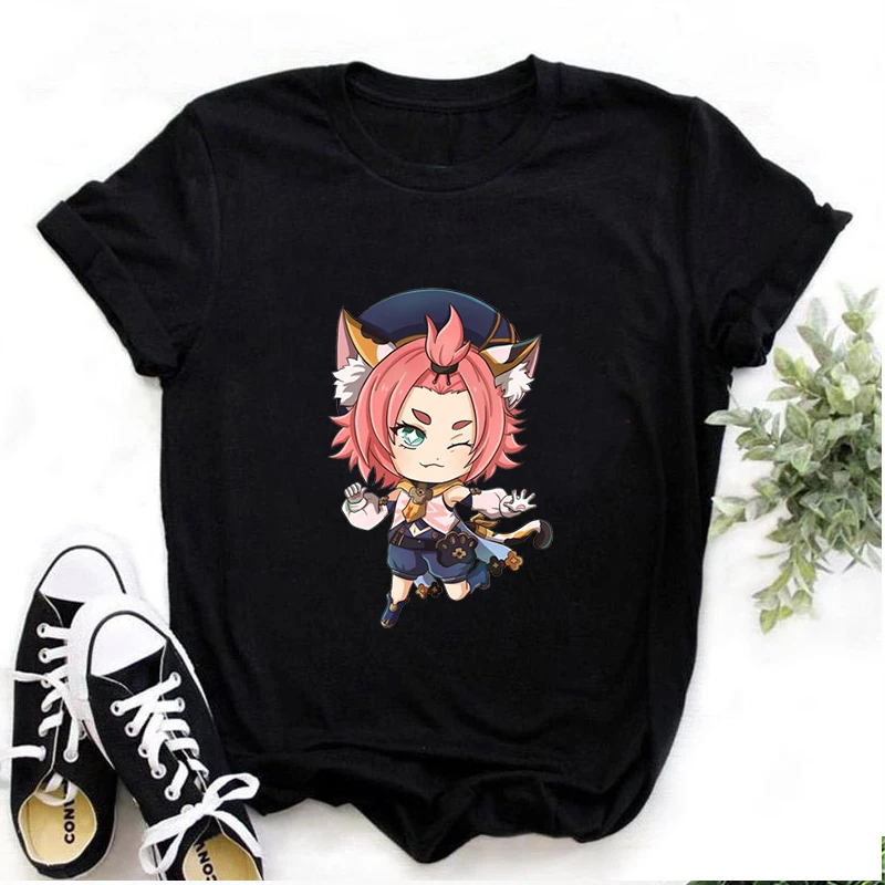 

Genshin Impact Cartoon Print Women T-shirt Cute Diona Graphic Unisex Clothes Tee Kawaii Casual Short Sleeve T Shirt O-Neck Top