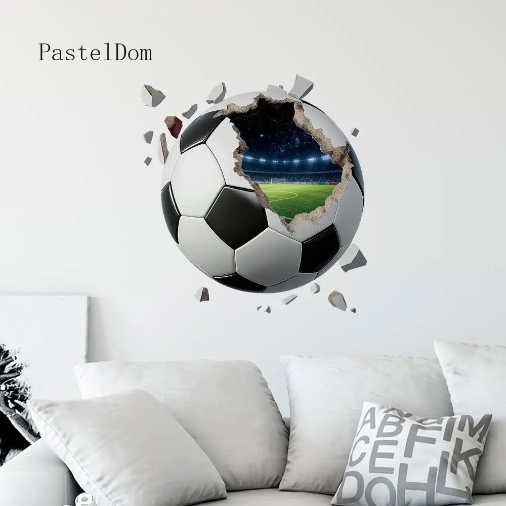 Simulated 3D broken wall football wall sticker, football 26 theme room decorative sticker, children's room background painting