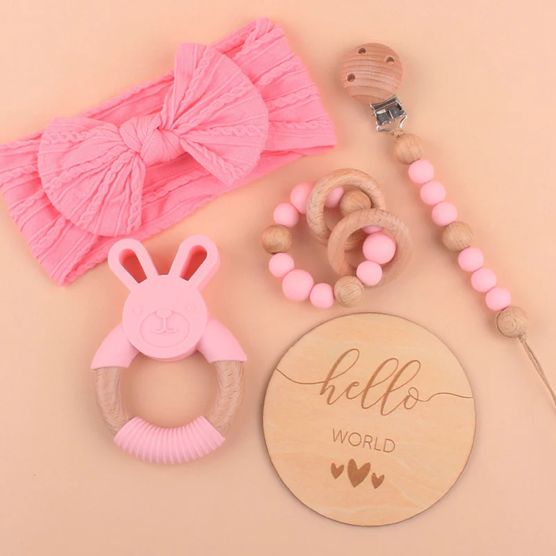 Baby Pacifier Chain for Toddler Infant Silicone Teether Toys Newborn Gifts Sets Baby Girls Hair Band Wooden Nipple Holder Sets