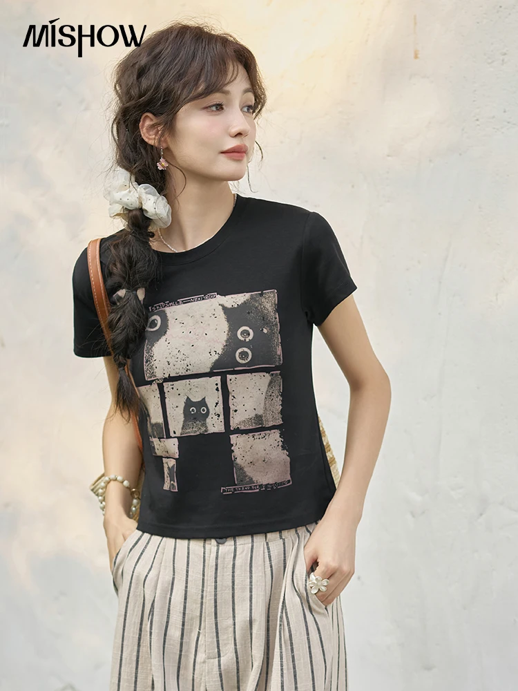 MISHOW Fun Block Cat Printing Short Sleeved T-shirt 2024 Summer Round Neck Slim Fit Top Female Casual Streetwear Tees MXD28T0366