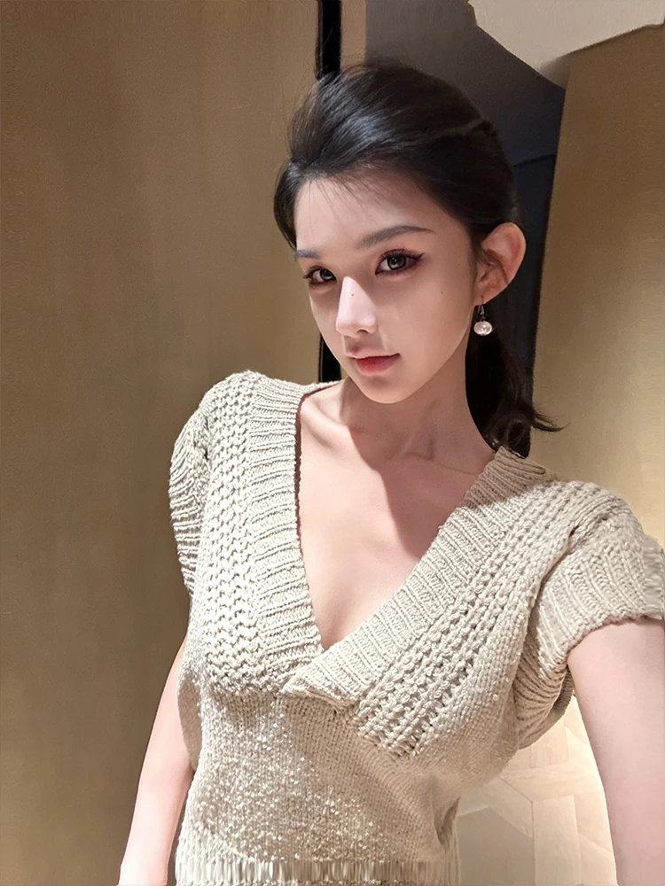 

Xia Yuan Original Light Maturity Style Shoulder Drop Particle Knitwear Short Sleeve Knitted Sweater Women's Fashion Top