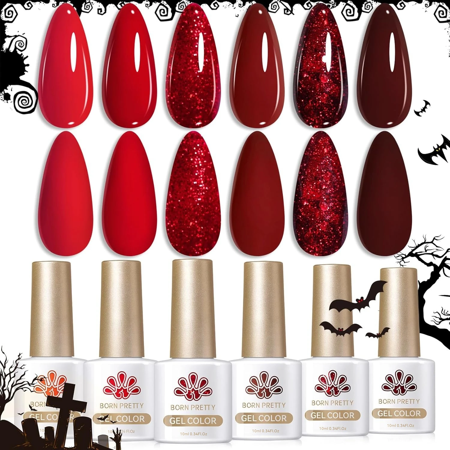 

BORN PRETTY 6 шт. Набор гель-лаков для ногтей с красной кровью на Хэллоуин Неоново-зеленый оранжевый блестящий паук-призрак замачиваемый УФ-светодиодный маникюрный салон