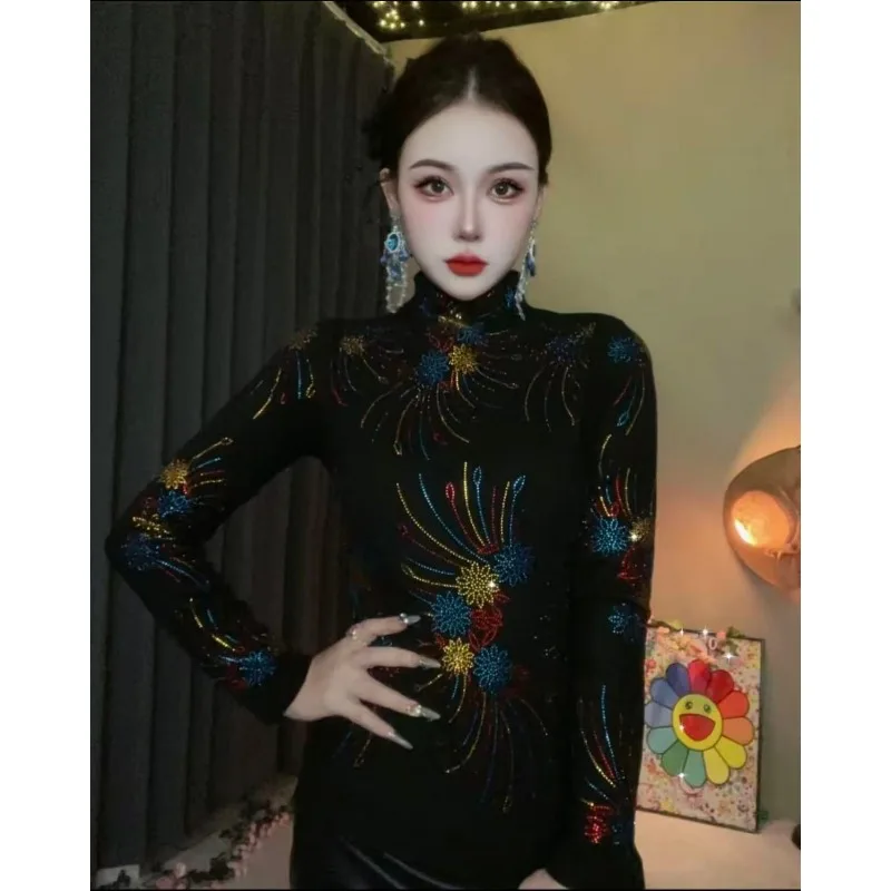 Herfst Winter Nieuwe Stijl Half Coltrui Hot Diamond Dieptepunt Shirt voor Dames Mode Afslankende Buikbedekkende Temperament Top