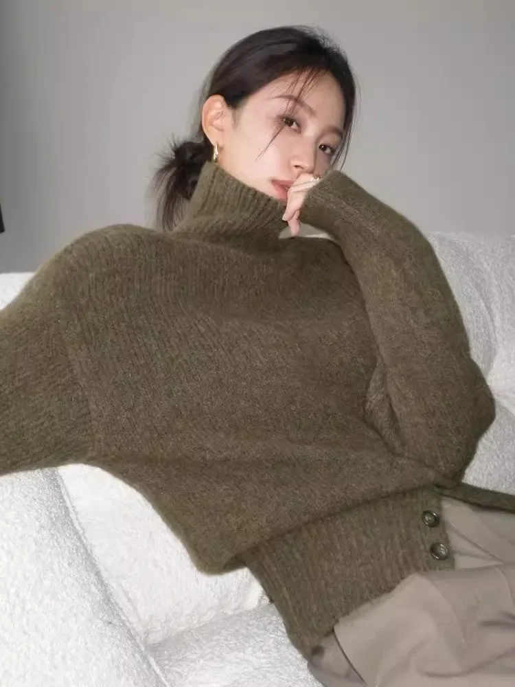 

Grey High Neck Knitted Top With Women'S Autumn And Winter Button Design, Loose And Lazy Soft And Sticky Sweater